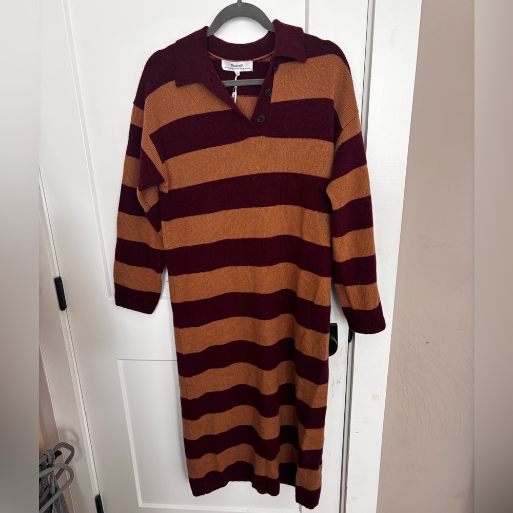 Madewell  Burgundy and Tan Knit Sweater Dress. 70% cashmere 30% wool